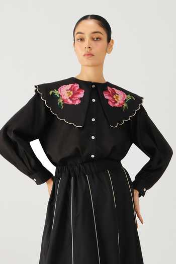 Buy_Cord_Black Linen Embroidery Collared Julia Rose Placement Top _Online_at_Aza_Fashions