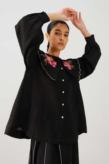 Shop_Cord_Black Linen Embroidery Collared Julia Rose Placement Top _Online_at_Aza_Fashions