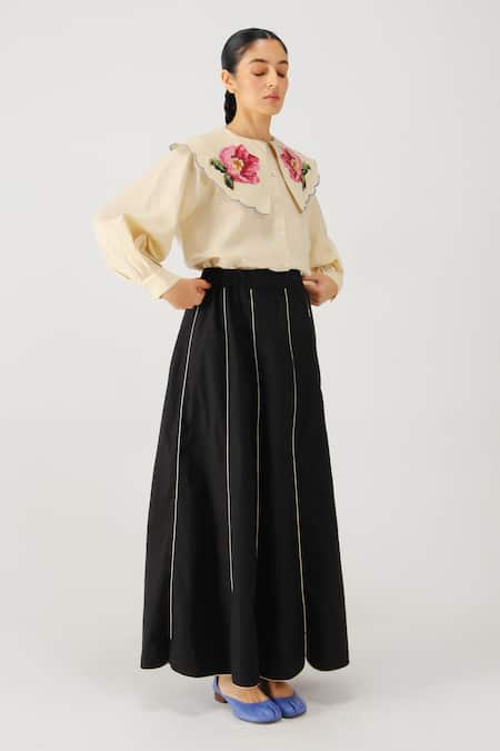 Cord_Ivory Linen Embroidery Round Neck Julia Rose Top _Online_at_Aza_Fashions