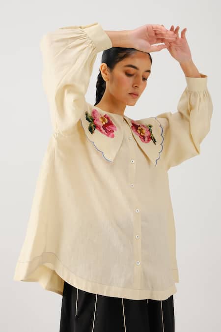 Buy_Cord_Ivory Linen Embroidery Round Neck Julia Rose Top _Online_at_Aza_Fashions
