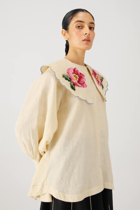 Shop_Cord_Ivory Linen Embroidery Round Neck Julia Rose Top _Online_at_Aza_Fashions