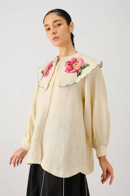 Buy_Cord_Ivory Linen Embroidery Round Neck Julia Rose Top 
