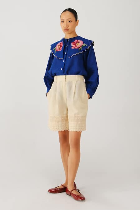 Cord_Blue Linen Embroidery Peter Pan Collar Julia Rose Top _Online_at_Aza_Fashions