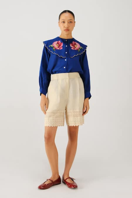Buy_Cord_Blue Linen Embroidery Peter Pan Collar Julia Rose Top _Online_at_Aza_Fashions