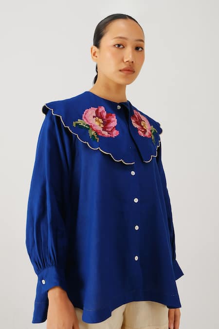 Cord_Blue Linen Embroidery Peter Pan Collar Julia Rose Top _at_Aza_Fashions