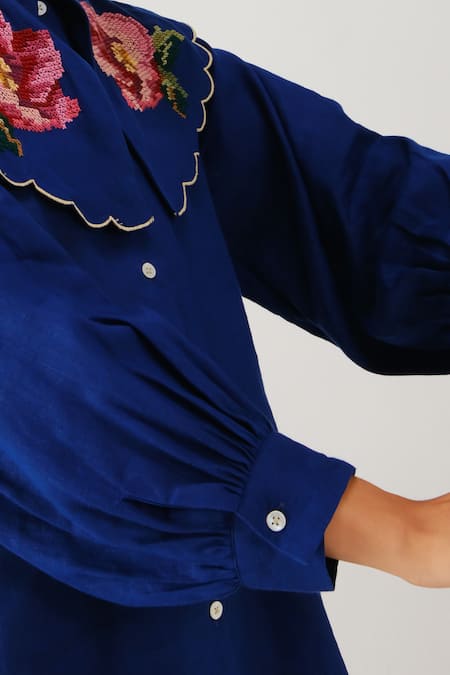 Buy_Cord_Blue Linen Embroidery Peter Pan Collar Julia Rose Top 