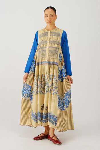 Buy_Cord_Blue Smocking Mandarin Collar Frida Bluebell Print Dress _Online_at_Aza_Fashions