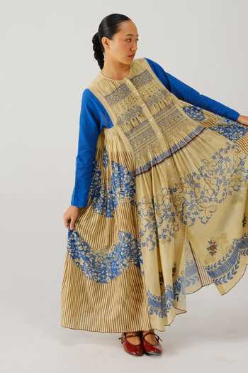 Cord_Blue Smocking Mandarin Collar Frida Bluebell Print Dress _at_Aza_Fashions