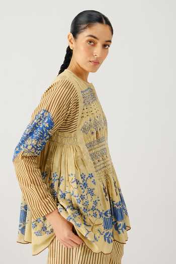 Cord_Beige Smocking Mandarin Collar Frida Bluebell Print Top _Online_at_Aza_Fashions
