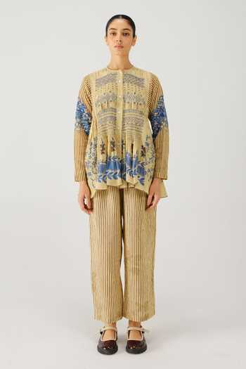 Buy_Cord_Blue Linen Smocking Mandarin Collar Frida Bluebell Print Top And Pant Set _Online_at_Aza_Fashions