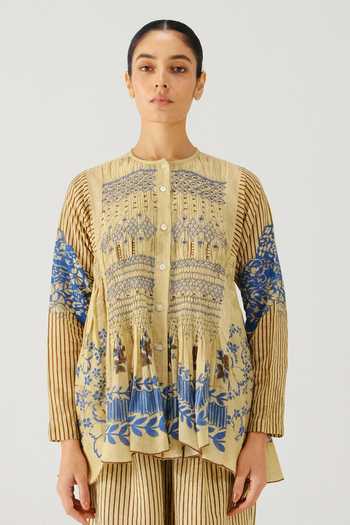 Shop_Cord_Blue Linen Smocking Mandarin Collar Frida Bluebell Print Top And Pant Set _Online_at_Aza_Fashions