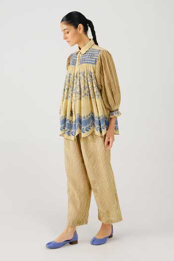 Buy_Cord_Beige Linen Smocking Button-down Neck Judy Bluebell Print Shirt _Online_at_Aza_Fashions