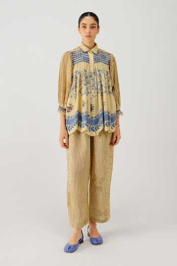 Cord_Beige Linen Smocking Button-down Neck Judy Bluebell Print Shirt _at_Aza_Fashions