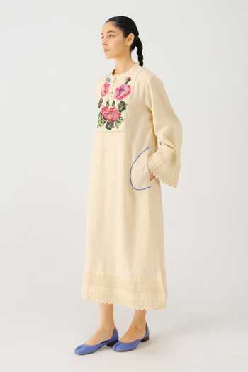 Buy_Cord_Ivory Linen Embroidery, Lace High Neck Jolene Rose Dress _Online_at_Aza_Fashions