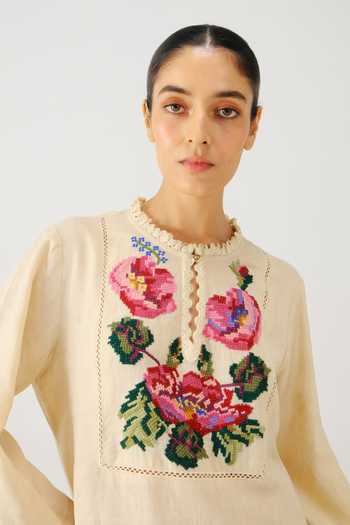 Shop_Cord_Ivory Linen Embroidery, Lace High Neck Jolene Rose Dress _Online_at_Aza_Fashions