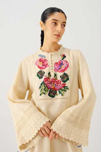 Cord_Ivory Linen Embroidery, Lace High Neck Jolene Rose Dress _at_Aza_Fashions
