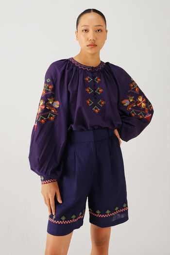 Cord Purple Silk, Cotton Embroidery Round Neck Lido Folk Top Online at Aza Fashions Cord_Purple Silk, Cotton Embroidery Round Neck Lido Folk Top _Online_at_Aza_Fashions