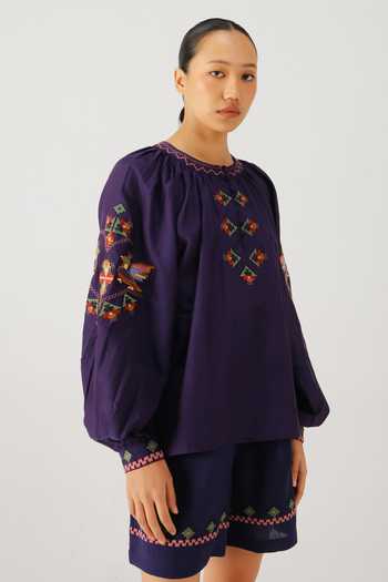 Buy Cord Purple Silk, Cotton Embroidery Round Neck Lido Folk Top Online at Aza Fashions Buy_Cord_Purple Silk, Cotton Embroidery Round Neck Lido Folk Top _Online_at_Aza_Fashions