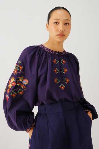 Shop Cord Purple Silk, Cotton Embroidery Round Neck Lido Folk Top Online at Aza Fashions Shop_Cord_Purple Silk, Cotton Embroidery Round Neck Lido Folk Top _Online_at_Aza_Fashions
