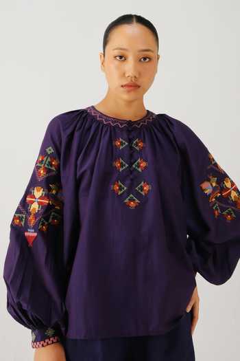 Cord Purple Silk, Cotton Embroidery Round Neck Lido Folk Top at Aza Fashions Cord_Purple Silk, Cotton Embroidery Round Neck Lido Folk Top _at_Aza_Fashions