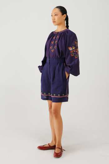 Cord Purple Silk, Cotton, Linen Embroidery Lido Folk Top And Shorts Set Online at Aza Fashions Cord_Purple Silk, Cotton, Linen Embroidery Lido Folk Top And Shorts Set _Online_at_Aza_Fashions