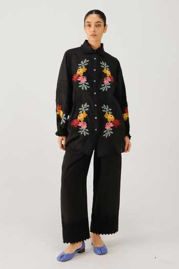 Cord_Black Linen Embroidery, Lace Peter Pan Collar Moira Pixel Shirt _Online_at_Aza_Fashions
