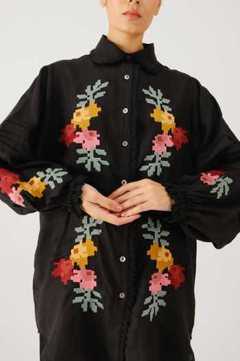 Shop_Cord_Black Linen Embroidery, Lace Peter Pan Collar Moira Pixel Shirt _Online_at_Aza_Fashions