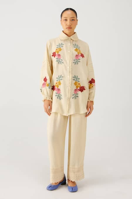 Cord_Ivory Linen Embroidery, Lace Collared Moira Pixel Shirt _Online_at_Aza_Fashions