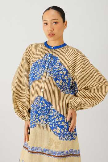 Cord_Blue Linen Mandarin Collar Goa Bluebell Print Dress _Online_at_Aza_Fashions