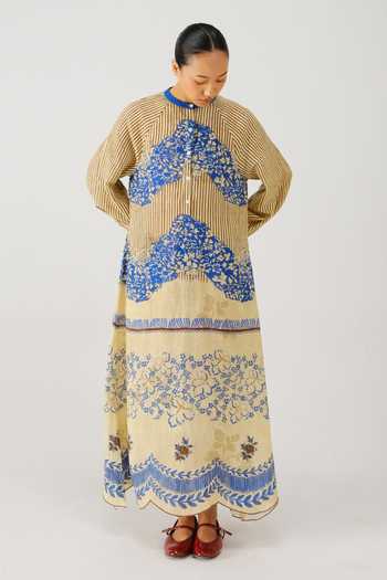 Buy_Cord_Blue Linen Mandarin Collar Goa Bluebell Print Dress _Online_at_Aza_Fashions