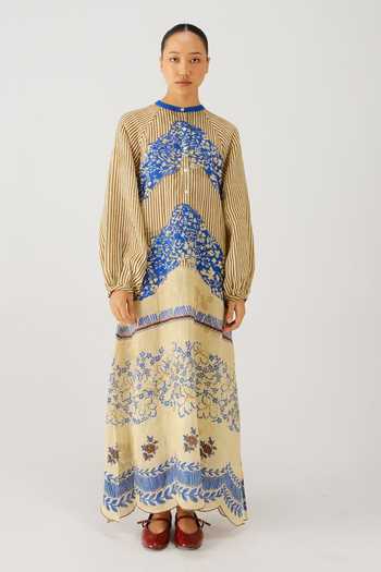 Shop_Cord_Blue Linen Mandarin Collar Goa Bluebell Print Dress _Online_at_Aza_Fashions