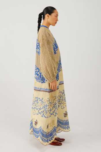Cord_Blue Linen Mandarin Collar Goa Bluebell Print Dress _at_Aza_Fashions