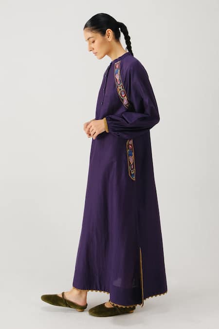 Cord_Purple Silk, Cotton Embroidery Mandarin Collar Goa Placement Dress _Online_at_Aza_Fashions
