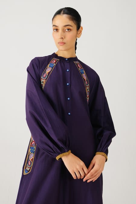 Shop_Cord_Purple Silk, Cotton Embroidery Mandarin Collar Goa Placement Dress _Online_at_Aza_Fashions