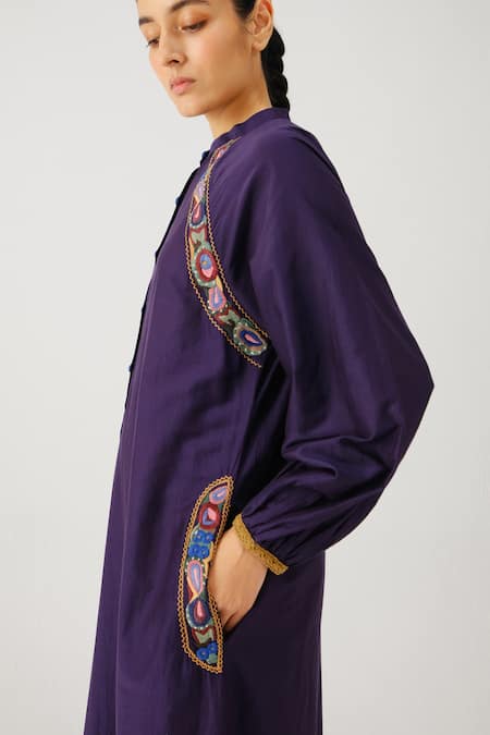 Cord_Purple Silk, Cotton Embroidery Mandarin Collar Goa Placement Dress _at_Aza_Fashions