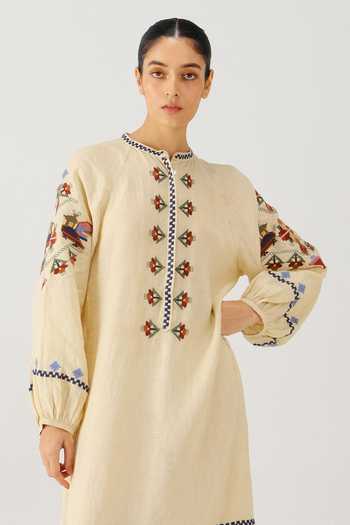 Cord Ivory Linen Embroidery Mandarin Collar Goa Folk Dress Online at Aza Fashions Cord_Ivory Linen Embroidery Mandarin Collar Goa Folk Dress _Online_at_Aza_Fashions