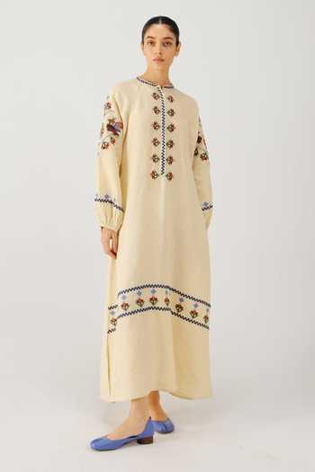 Buy_Cord_Ivory Linen Embroidery Mandarin Collar Goa Folk Dress _Online_at_Aza_Fashions