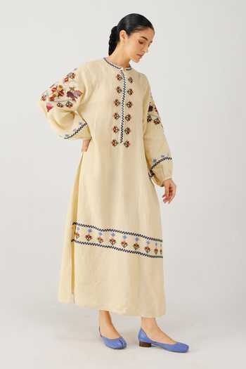 Shop_Cord_Ivory Linen Embroidery Mandarin Collar Goa Folk Dress _Online_at_Aza_Fashions