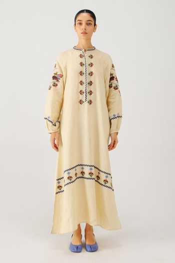Cord_Ivory Linen Embroidery Mandarin Collar Goa Folk Dress _at_Aza_Fashions