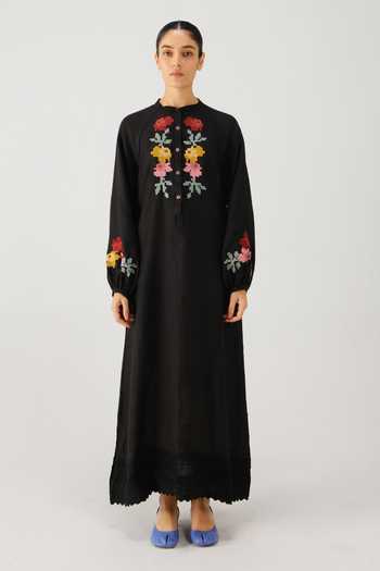 Cord_Black Linen Embroidery Mandarin Collar Goa Pixel Yoke Dress _Online_at_Aza_Fashions
