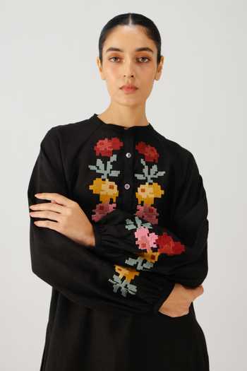 Buy_Cord_Black Linen Embroidery Mandarin Collar Goa Pixel Yoke Dress _Online_at_Aza_Fashions