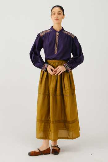 Buy_Cord_Purple Silk, Cotton Embroidery Mandarin Collar Peasant Placement Top _Online_at_Aza_Fashions