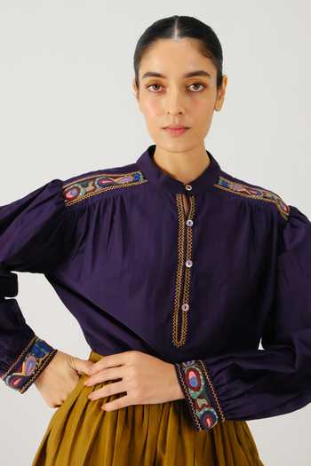 Cord_Purple Silk, Cotton Embroidery Mandarin Collar Peasant Placement Top _at_Aza_Fashions