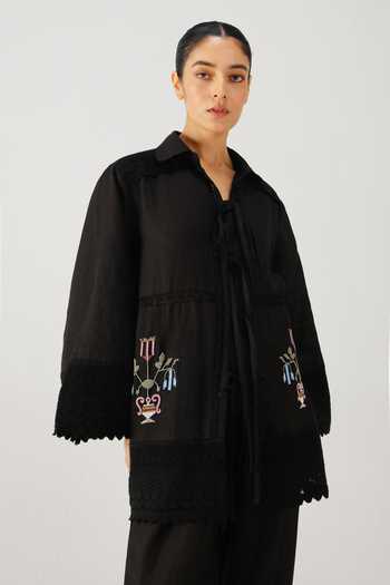 Cord_Black Linen Embroidery, Beads, Lace Collared Tie Up Shirt _Online_at_Aza_Fashions