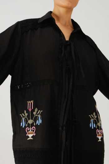 Buy_Cord_Black Linen Embroidery, Beads, Lace Collared Tie Up Shirt _Online_at_Aza_Fashions