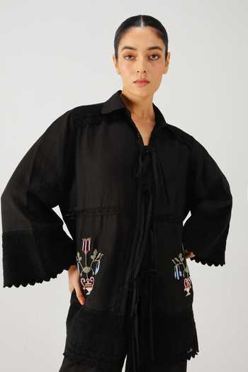 Shop_Cord_Black Linen Embroidery, Beads, Lace Collared Tie Up Shirt _Online_at_Aza_Fashions