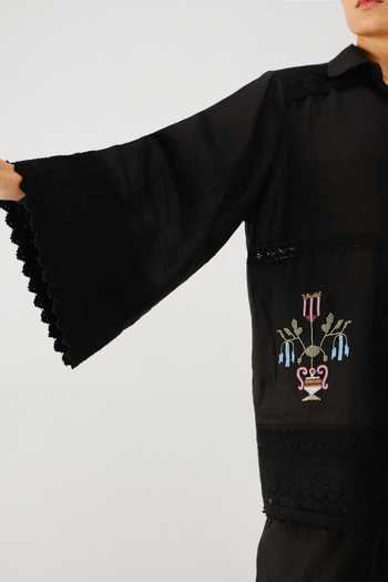 Cord_Black Linen Embroidery, Beads, Lace Collared Tie Up Shirt _at_Aza_Fashions