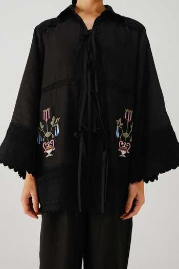 Buy_Cord_Black Linen Embroidery, Beads, Lace Collared Tie Up Shirt 