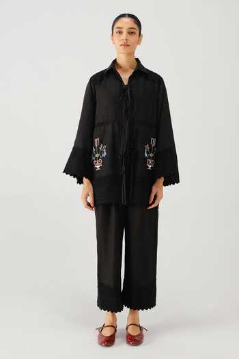 Buy_Cord_Black Linen Beads, Lace Collared Placement Embroidered Shirt And Pant Set _Online_at_Aza_Fashions