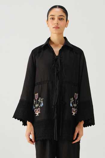 Shop_Cord_Black Linen Beads, Lace Collared Placement Embroidered Shirt And Pant Set _Online_at_Aza_Fashions
